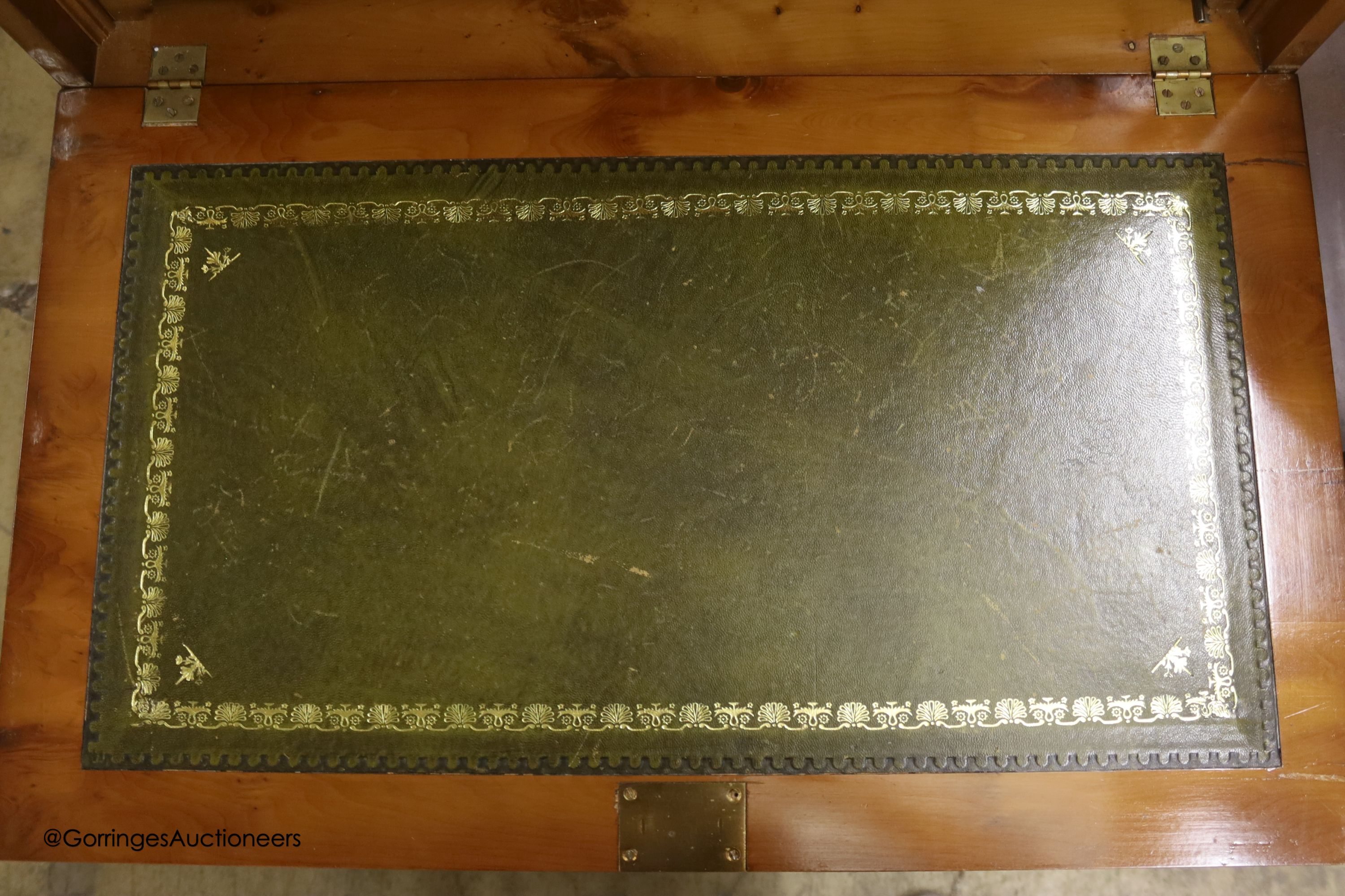 A reproduction yew escritoire, width 74cm, depth 42cm, height 132cm